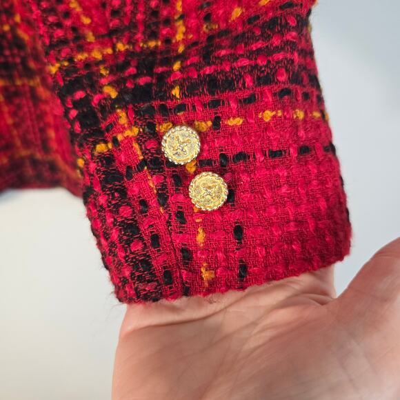 Vintage Leslie Fay Blazer Women's 8 Red Plaid Boucle Gold Button Classic Festive - Picture 10 of 11